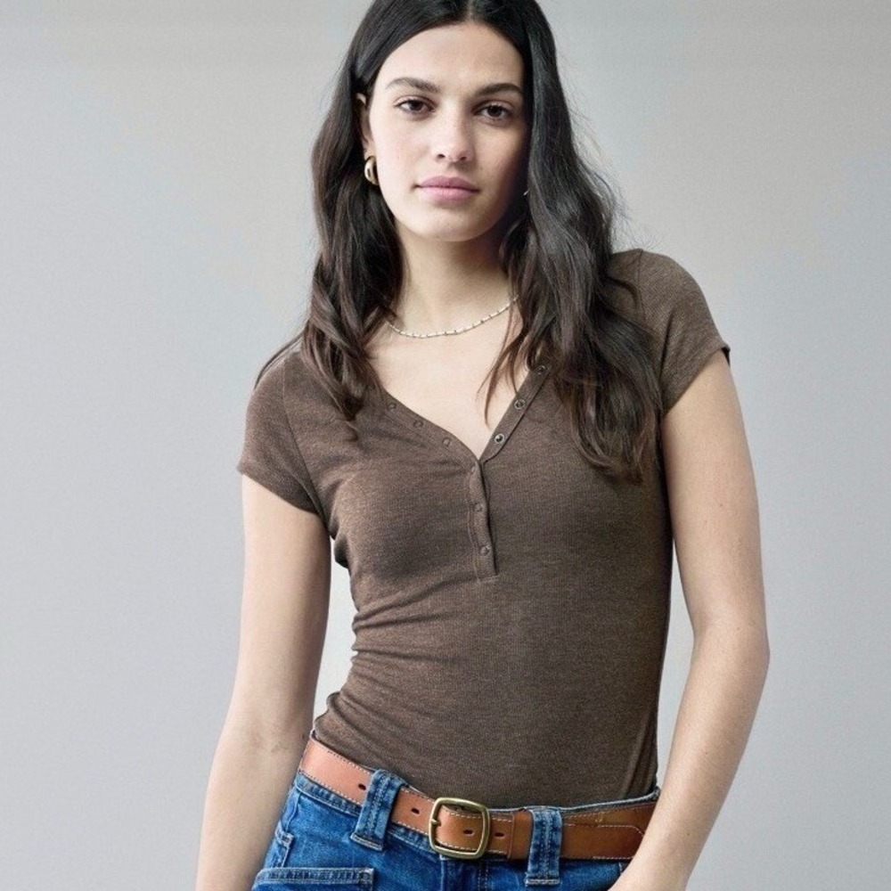 American Eagle Brown Ribbed Henley Short Sleeve Bodysuit Womens L Earthy Basic